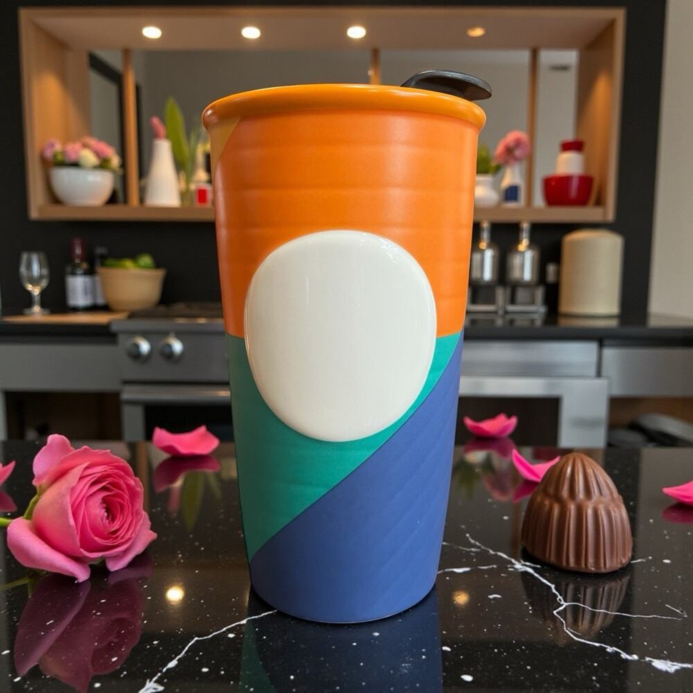 Starbucks 2016 Color Block Ceramic Tumbler Mug Orange Blue 10oz EUC